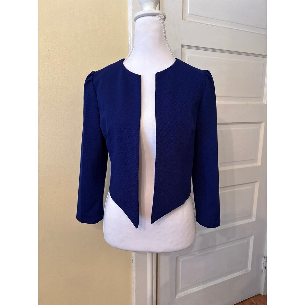 Collarless cropped blazer royal blue open front suit jacket tailored work office